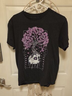 Threadless Black Tee with Pink Blossom Skull Tree